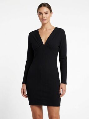 Revamped Ribbed Long Sleeve Black Mini Dress XL